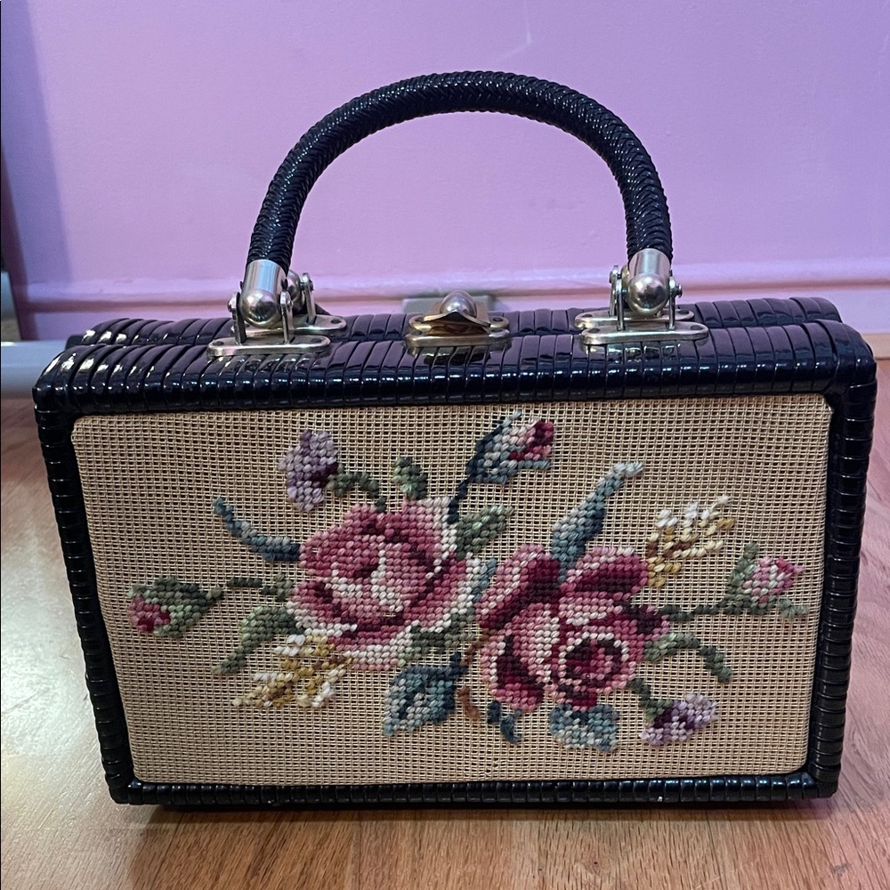 1960s Vintage Tapestry Black Wicker Handbag